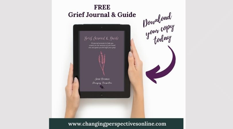 Picture with advertisement for a free grief journal and guide
